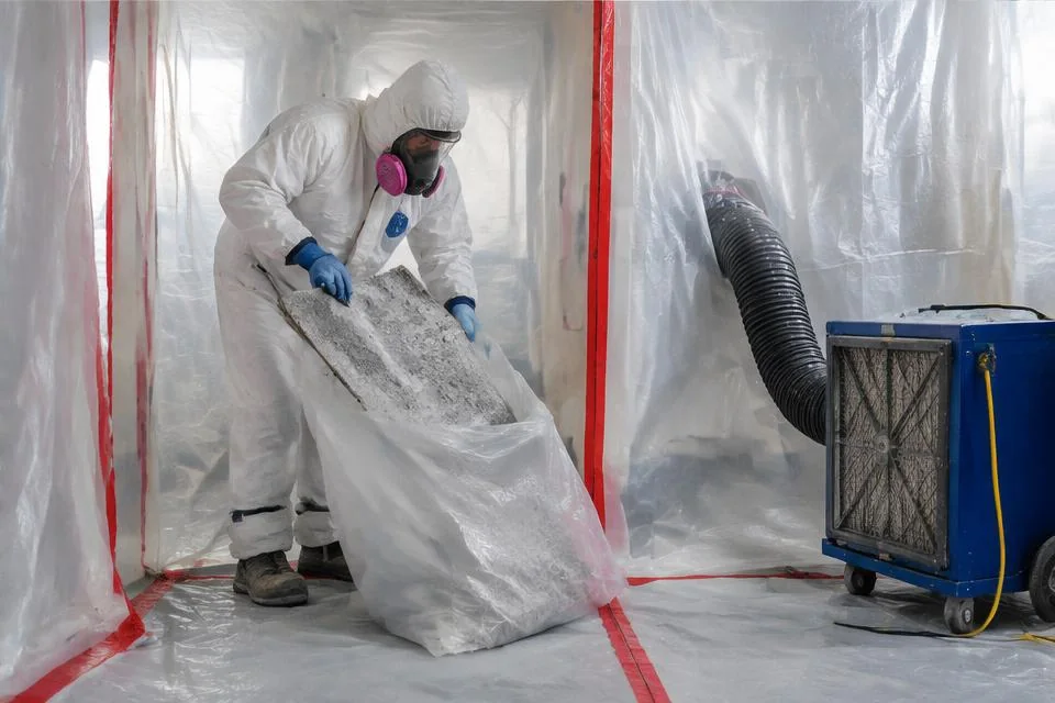 Worker in protective equipment inside a contained work area
